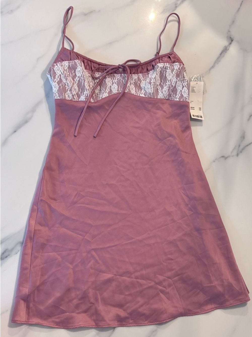 Urban Outfitters Mauve Satin Slip Dress with White Lace